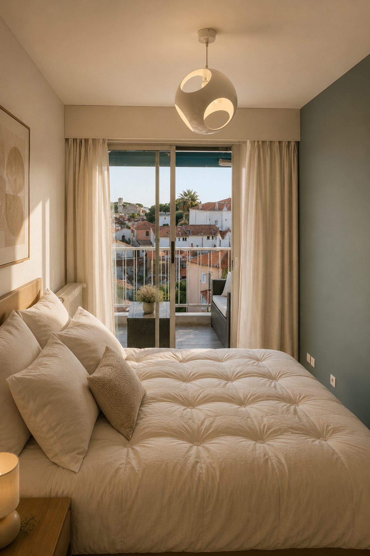 Rénovation complète d'un appartement de 89 m² à Cannes Chambre ouverte sur la terrasse, vue sur les toits de Cannes