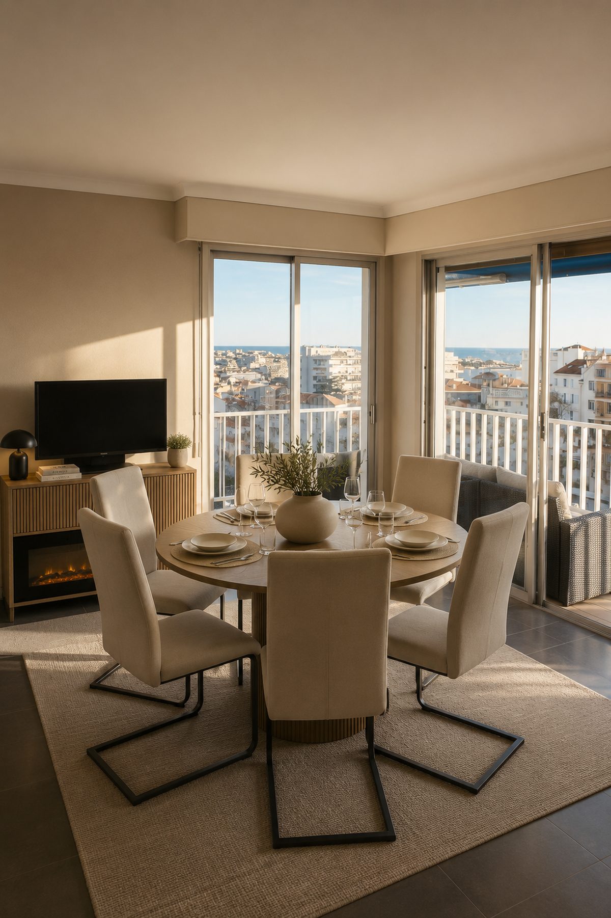 Rénovation complète d'un appartement de 89 m² à Cannes Coin repas avec baies vitrées, vue sur les toits de Cannes et la mer