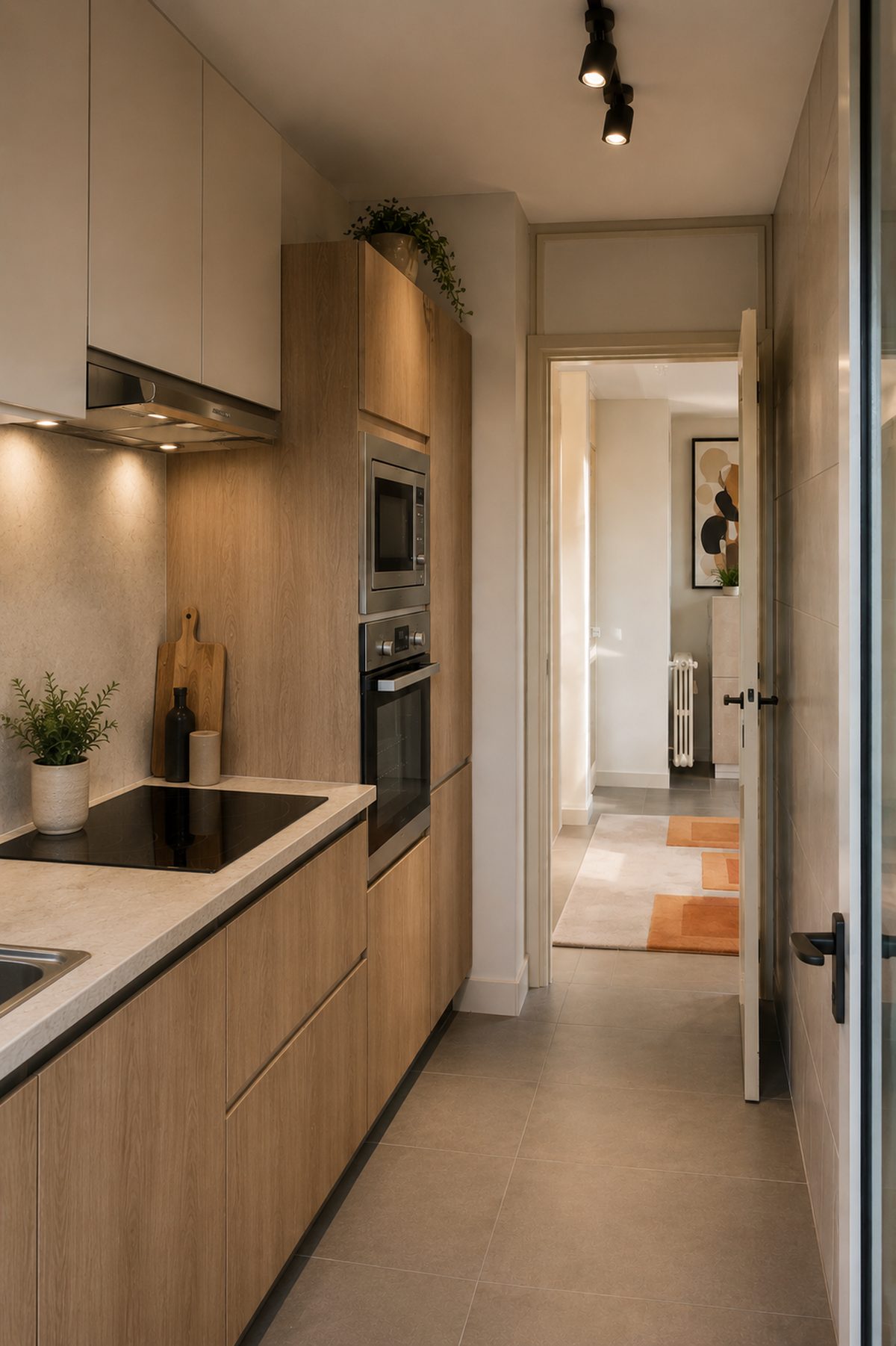 Rénovation complète d'un appartement de 89 m² à Cannes Cuisine en longueur, meubles toute hauteur et plan de travail continu