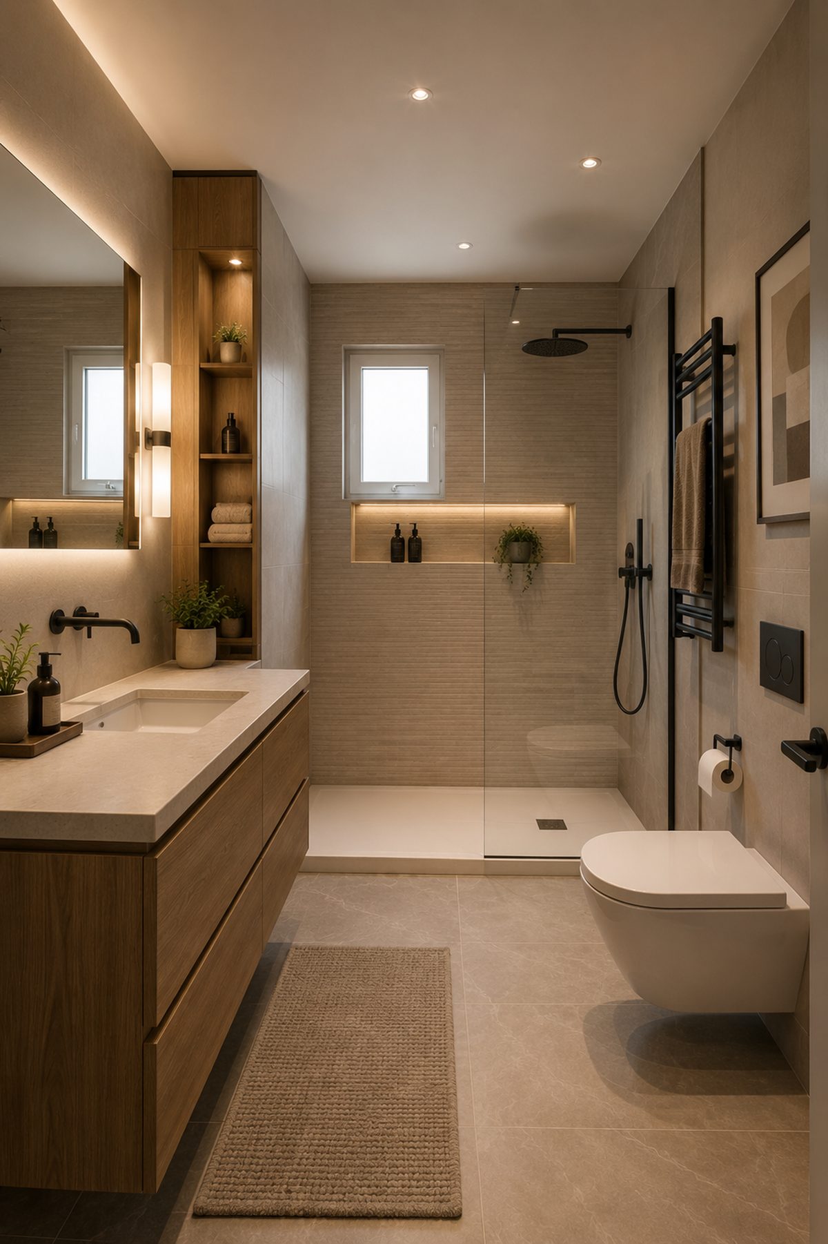 Rénovation complète d'un appartement de 89 m² à Cannes Salle d'eau avec douche à l'italienne, niche éclairée et meuble vasque suspendu