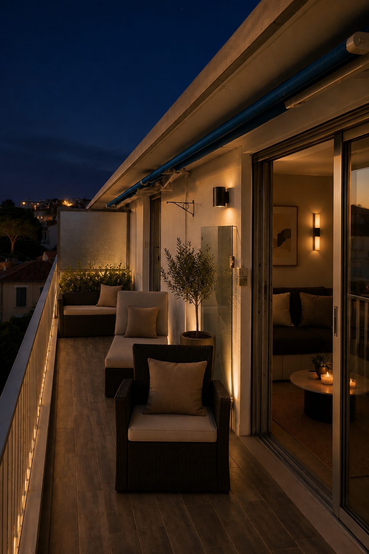 Rénovation complète d'un appartement de 89 m² à Cannes Terrasse éclairée à la nuit tombée, appartement rénové à Cannes