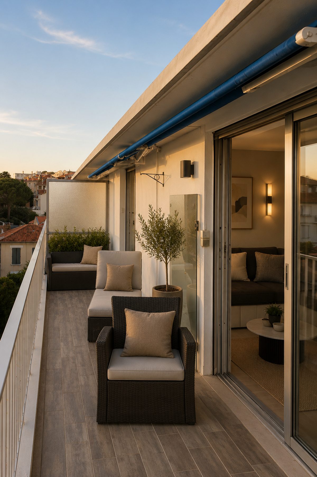 Rénovation complète d'un appartement de 89 m² à Cannes Terrasse en longueur au coucher du soleil, appartement rénové à Cannes