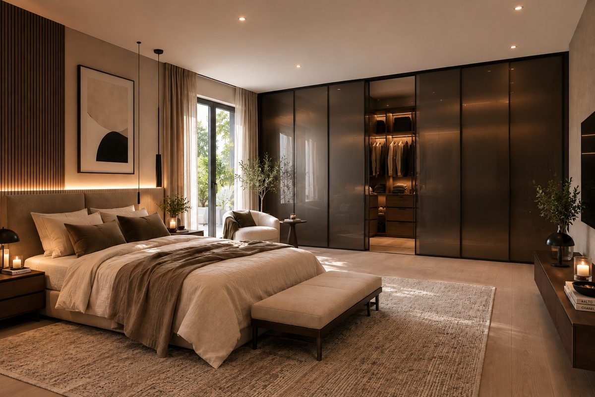 Rénovation lourde et surélévation d'une villa de 450 m² à Mougins Chambre parentale à l'étage surélevé, dressing fermé par des panneaux de verre fumé