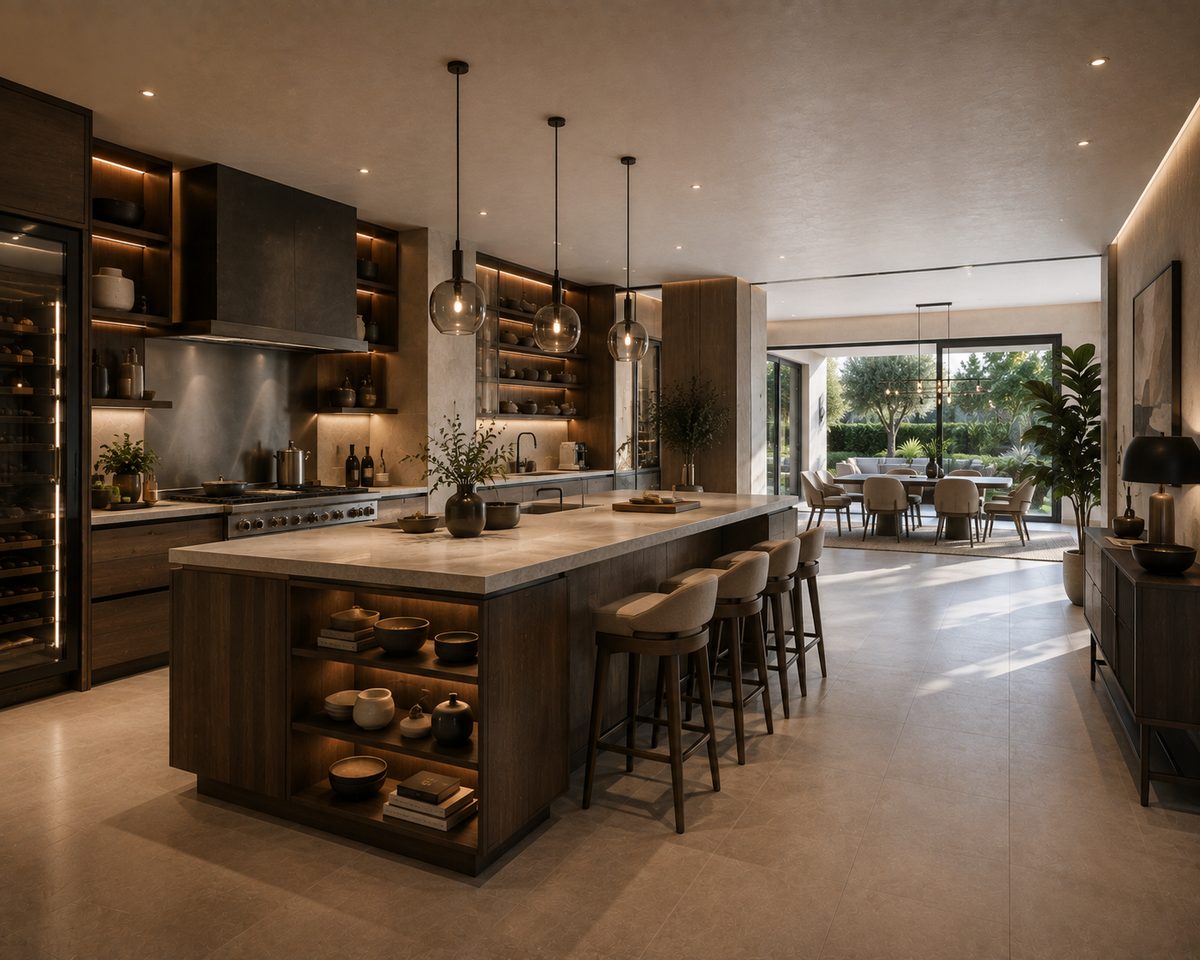 Rénovation lourde et surélévation d'une villa de 450 m² à Mougins Cuisine avec grand îlot central, cave à vin intégrée et ouverture sur la salle à manger