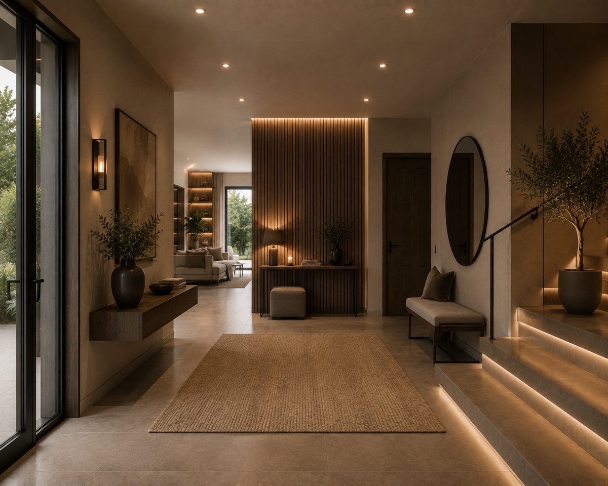 Rénovation lourde et surélévation d'une villa de 450 m² à Mougins Entrée et escalier reliant le rez-de-chaussée provençal à l'étage surélevé
