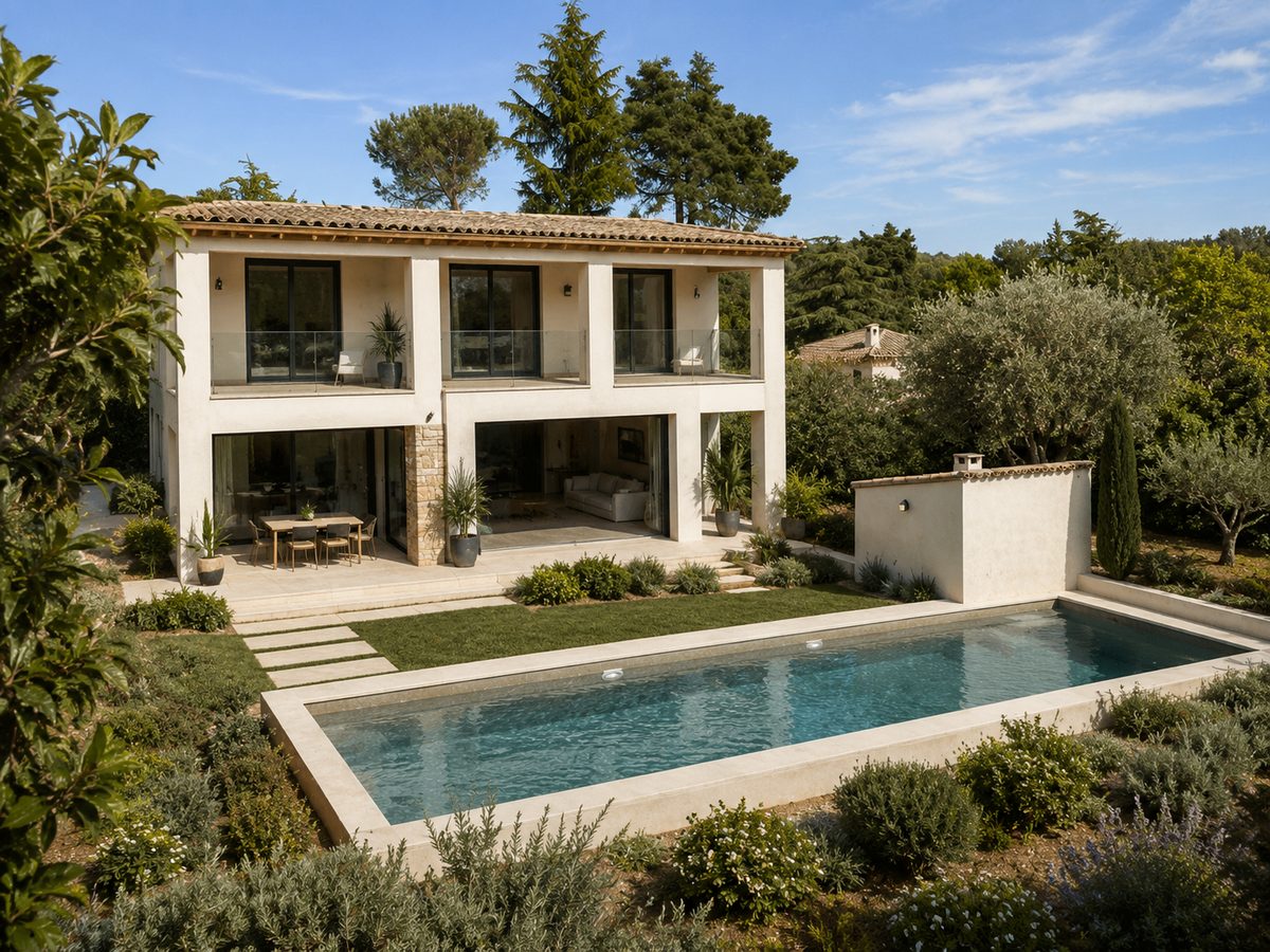 Rénovation lourde et surélévation d'une villa de 450 m² à Mougins Villa rénovée à Mougins vue depuis le jardin, terrasse et piscine