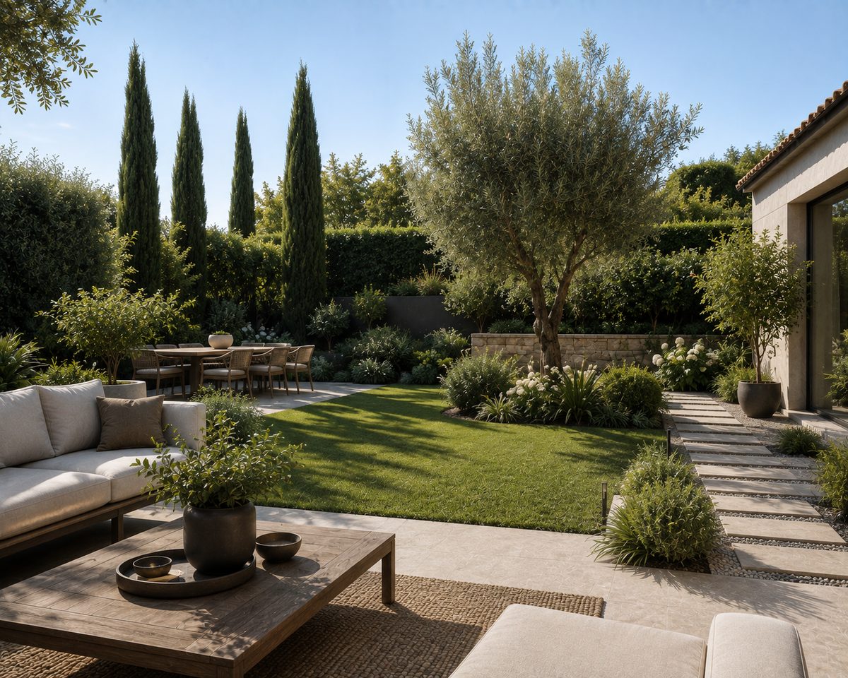 Rénovation lourde et surélévation d'une villa de 450 m² à Mougins Jardin méditerranéen avec oliviers et cyprès, terrasse d'une villa à Mougins