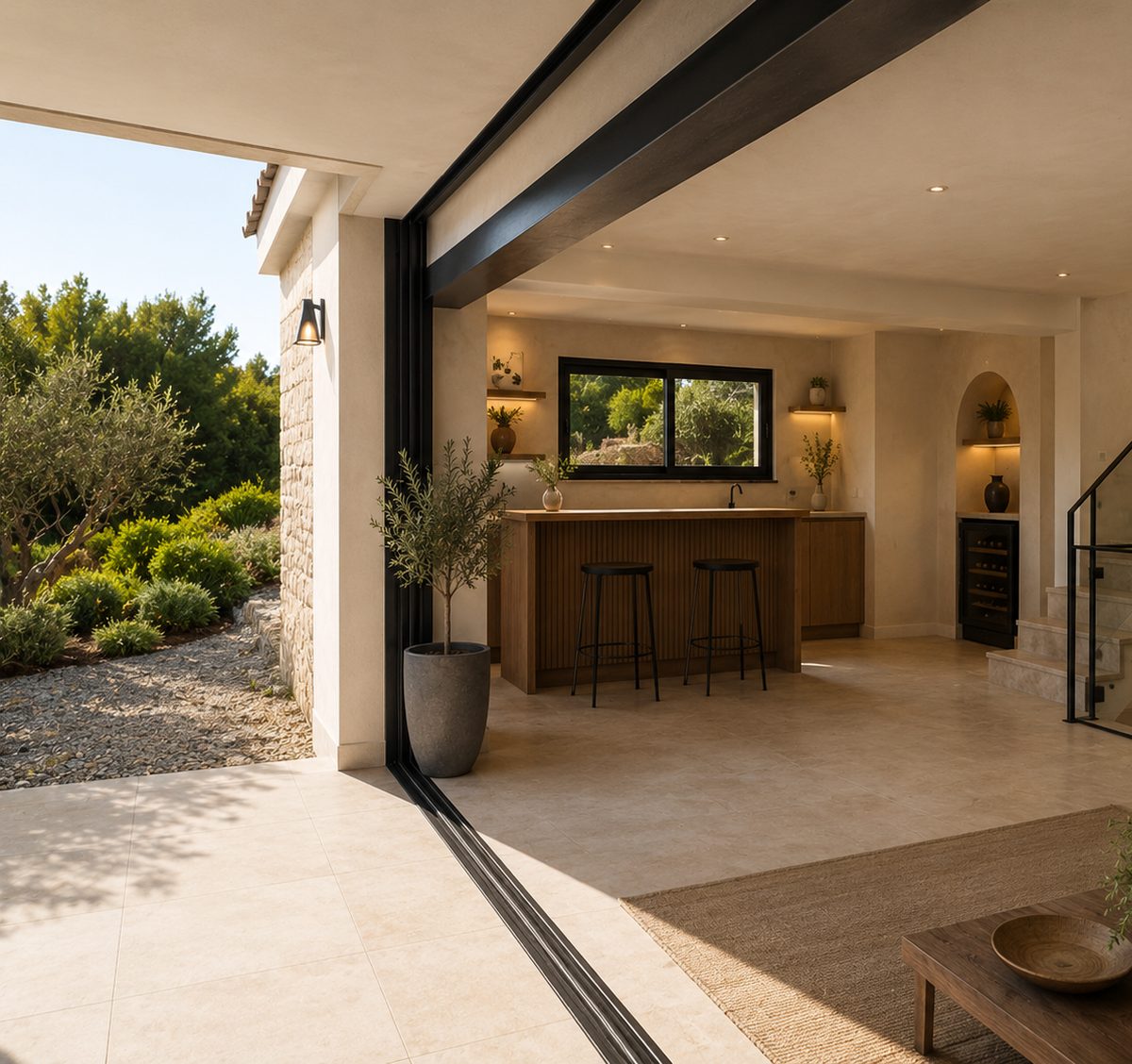 Rénovation lourde et surélévation d'une villa de 450 m² à Mougins Espace de vie ouvert de plain-pied sur le jardin par de grandes baies coulissantes