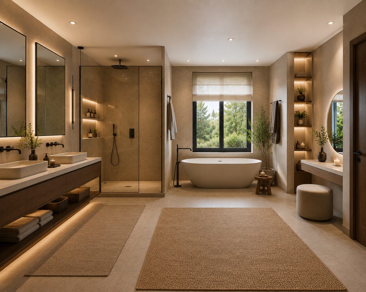 Rénovation lourde et surélévation d'une villa de 450 m² à Mougins Salle de bains avec double vasque, douche à l'italienne et baignoire îlot