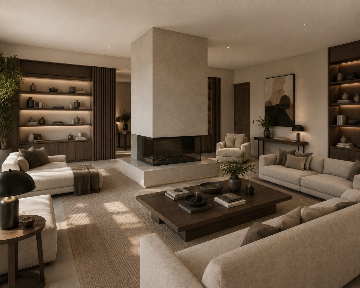 Rénovation lourde et surélévation d'une villa de 450 m² à Mougins Salon organisé autour d'une cheminée centrale, bibliothèques intégrées et éclairage indirect