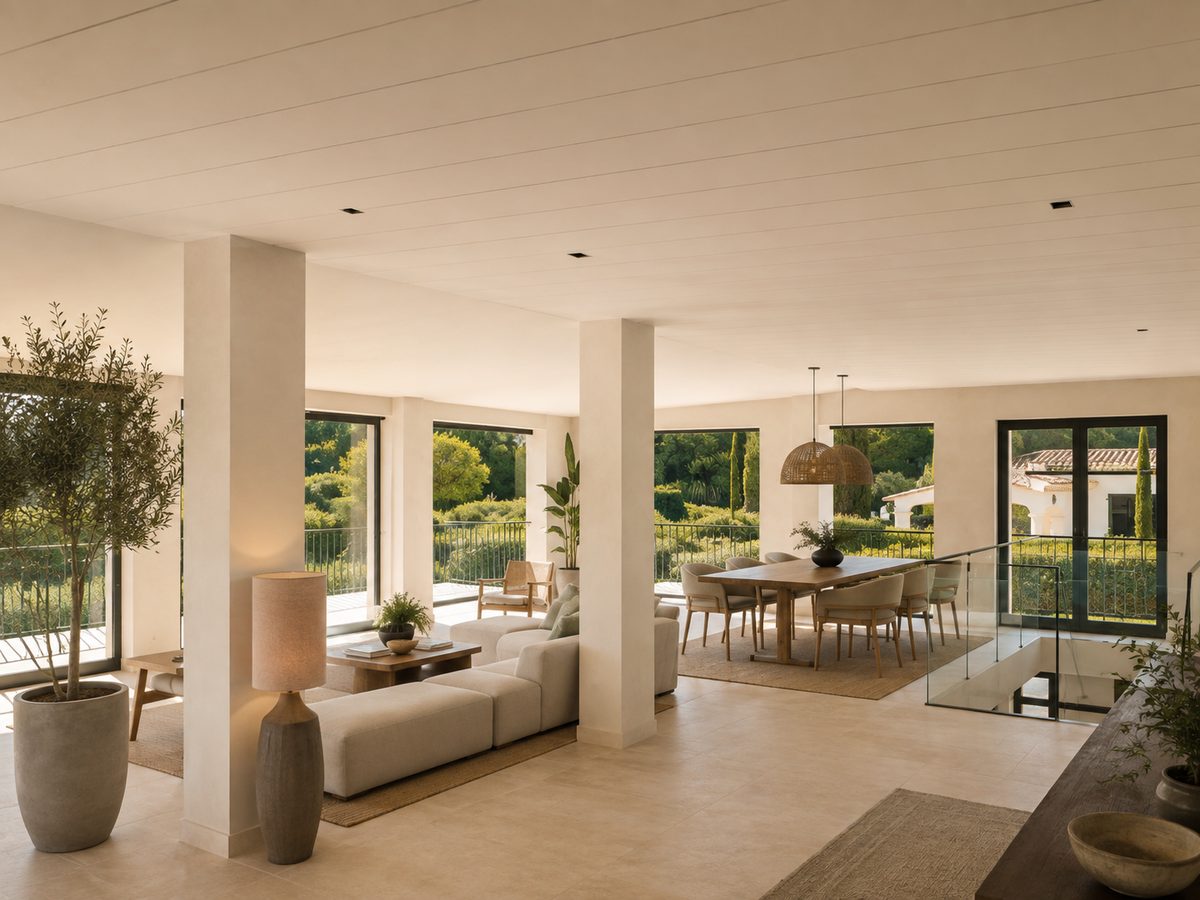 Rénovation lourde et surélévation d'une villa de 450 m² à Mougins Séjour aux grands volumes ouvert sur le jardin, villa rénovée à Mougins